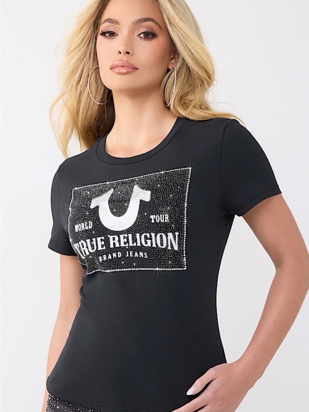 True Religion Black Short Sleeve Tee with Rhinestone Logo